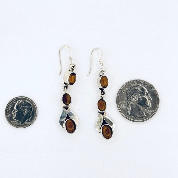 925 Sterling Silver Drop Dangle Earrings with Tiger's Eye Gemstones, Hook Back - Picture 7 of 11